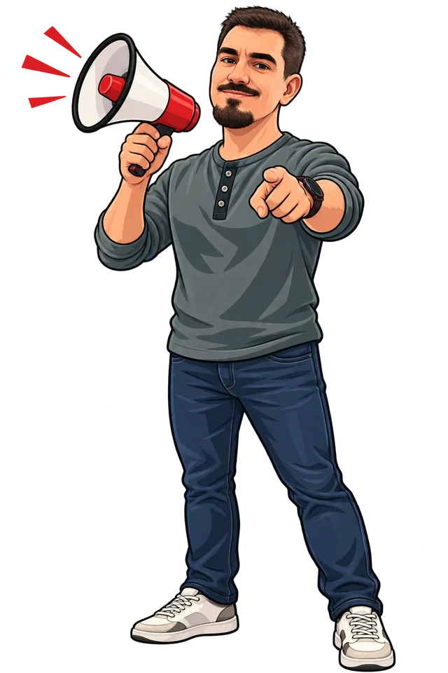 Ilustração: uma personagem com um megafone a apontar para o leitor.