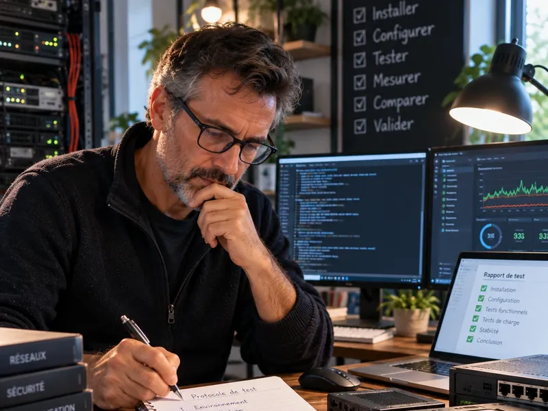 Ilustração: um homem que redige um protocolo de teste, rodeado de equipamento.