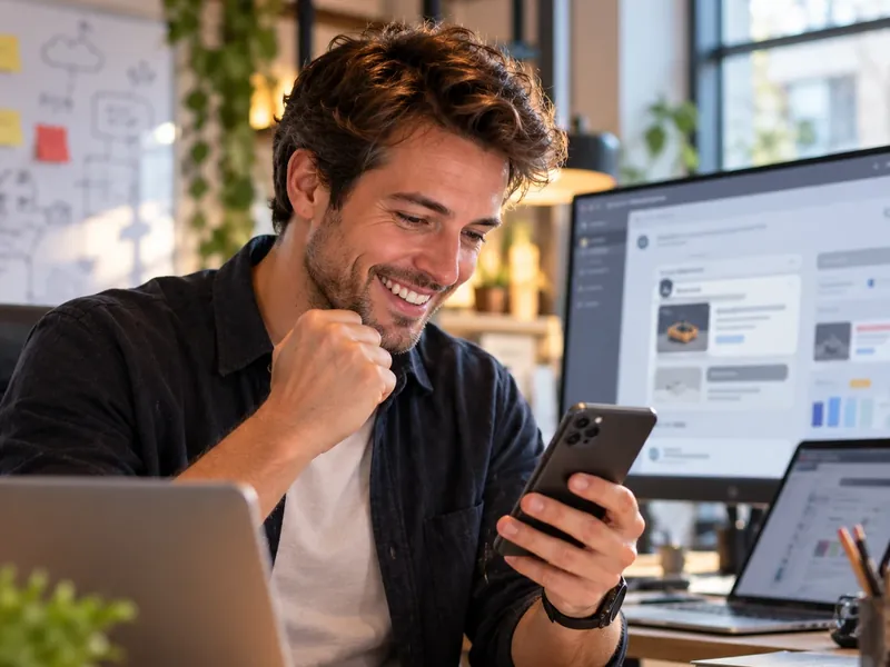 Ilustração: um homem em sua mesa de trabalho, sorrindo diante do seu telefone.