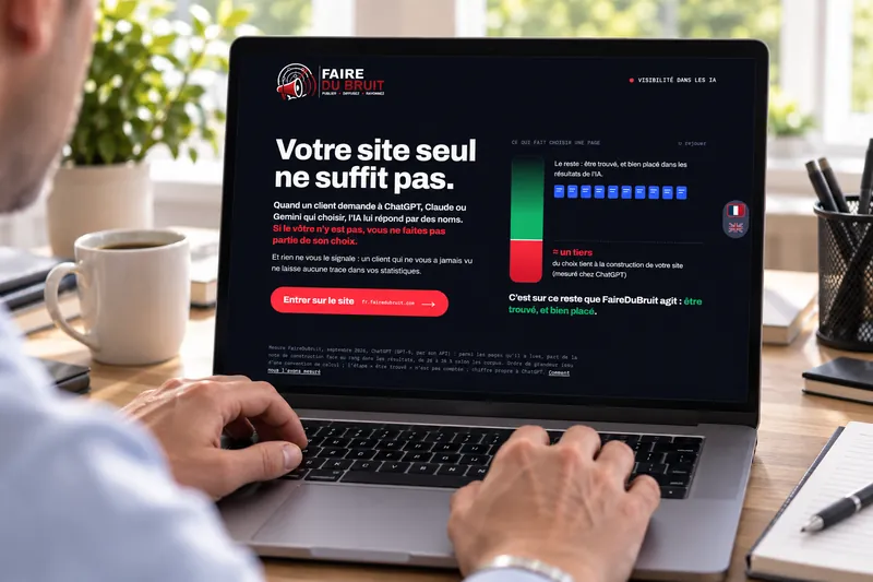 Um computador aberto no site FaireDuBruit.
