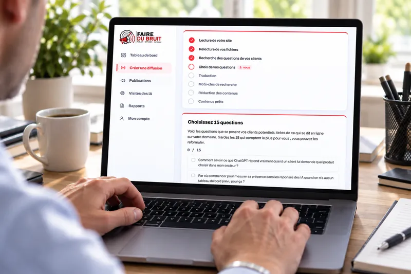 A área de cliente FaireDuBruit num computador: as etapas da difusão, depois «Escolha 15 perguntas».