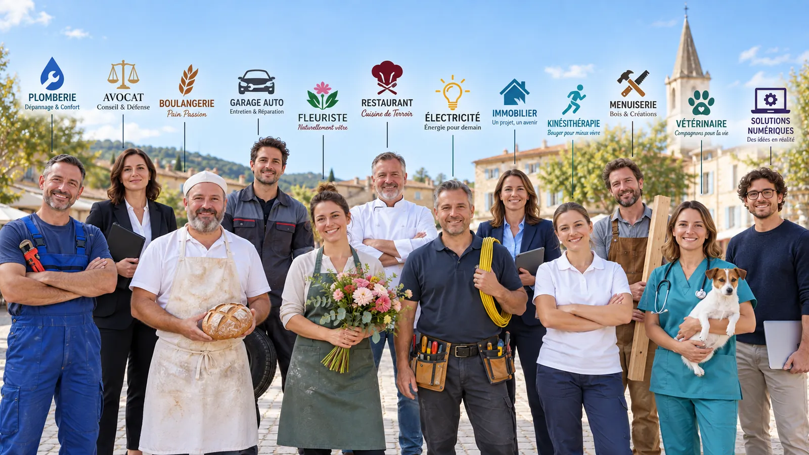 Doze gestores de empresas numa praça de aldeia, cada um com o logo da sua empresa acima da cabeça.